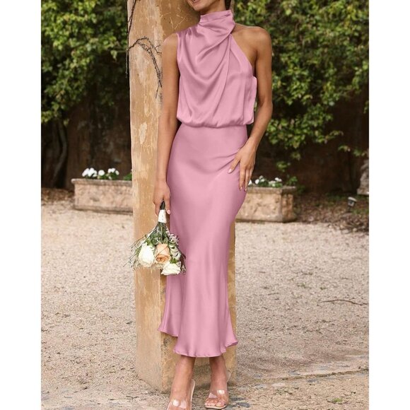 Women's Dusty Pink Cocktail Dress for Satin Silk Sleeveless High Waist Maxi - Picture 2 of 8